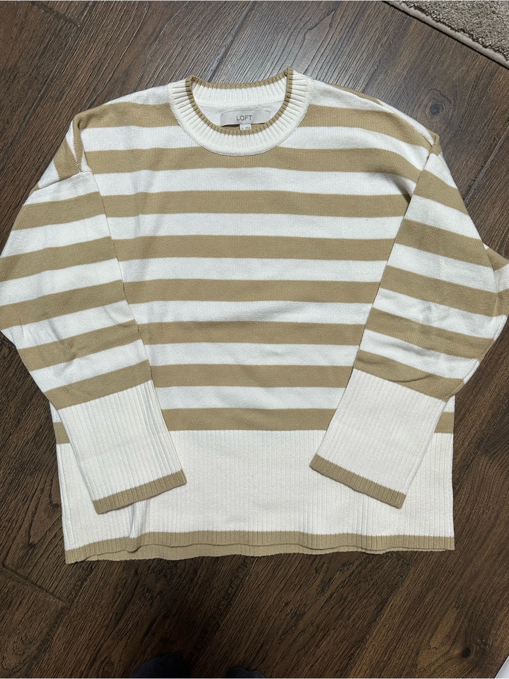 LOFT Women’s Cream and Tan Striped Crewneck Sweater - Size Medium